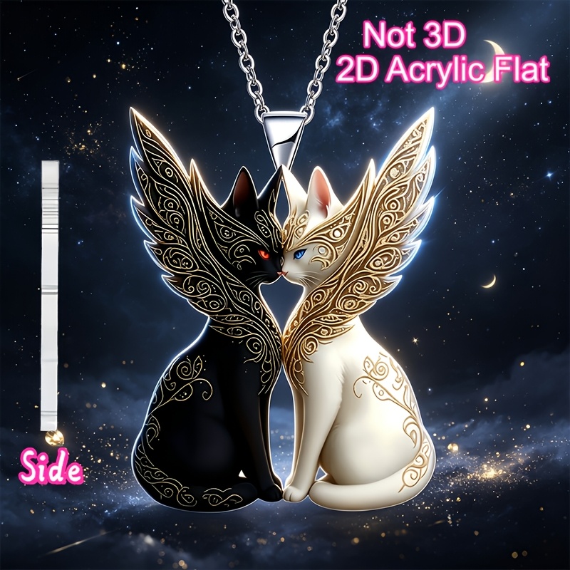 2D Flat Fashionable Cute Black and White Winged Cat Necklace Pendant